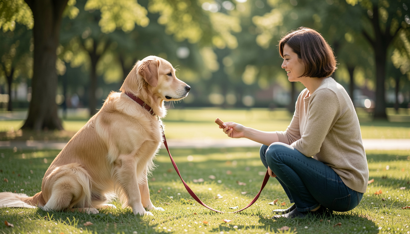 Un chien assis face à son humain dans un parc calme, une récompense à la main, la laisse relâchée entre eux.