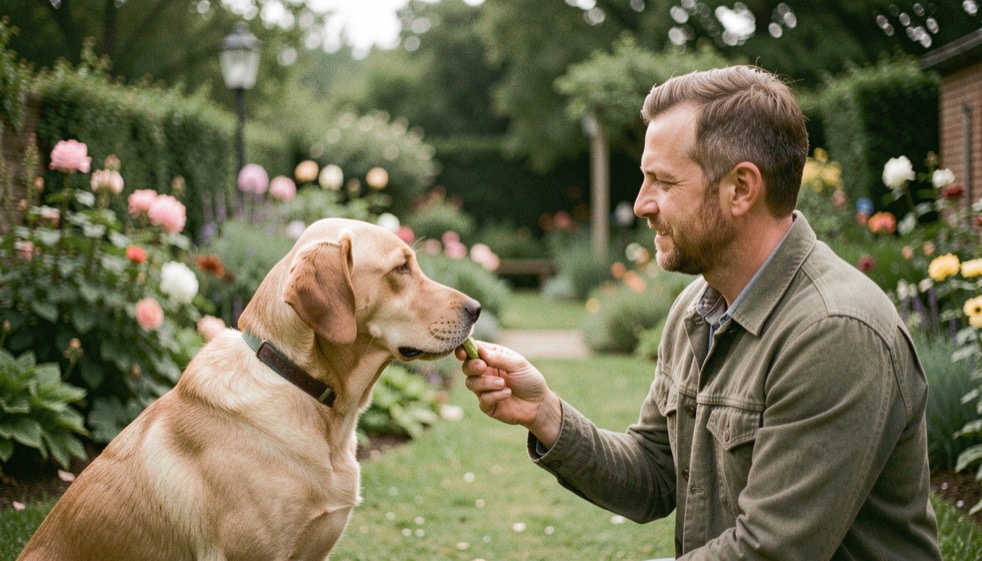 Un chien regarde son humain dans un jardin, une petite récompense est tenue à hauteur du museau et la posture du binôme reste détendue.