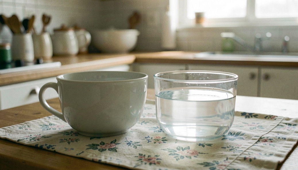 Deux gamelles propres sont posées sur un tapis lavable, l’une contient de l’eau fraîche et une lumière matinale éclaire la cuisine.