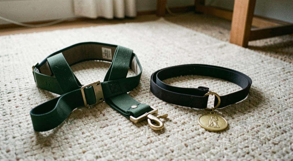 Un harnais bien ajusté et un collier simple sont posés côte à côte sur un tapis, avec une laisse et une médaille prêtes pour la sortie.