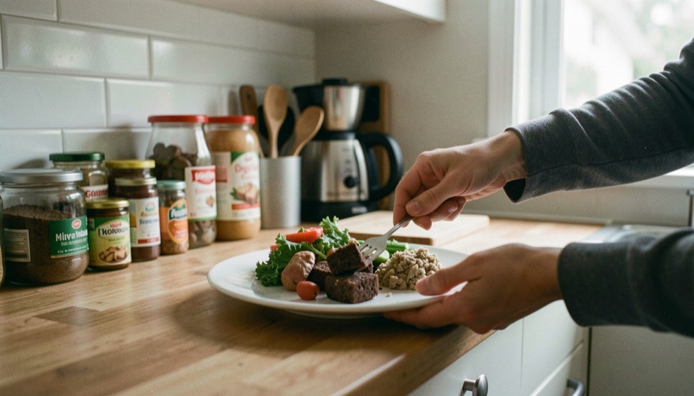 Une main éloigne une assiette d’aliments d’une truffe de chien, dans une cuisine rangée où les produits sont remis hors de portée.