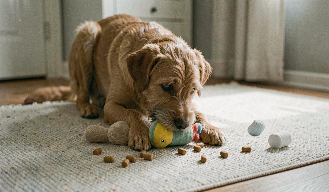 Un chien utilise un jouet d’occupation souple sur un tapis, quelques croquettes sont visibles et l’espace autour reste dégagé.