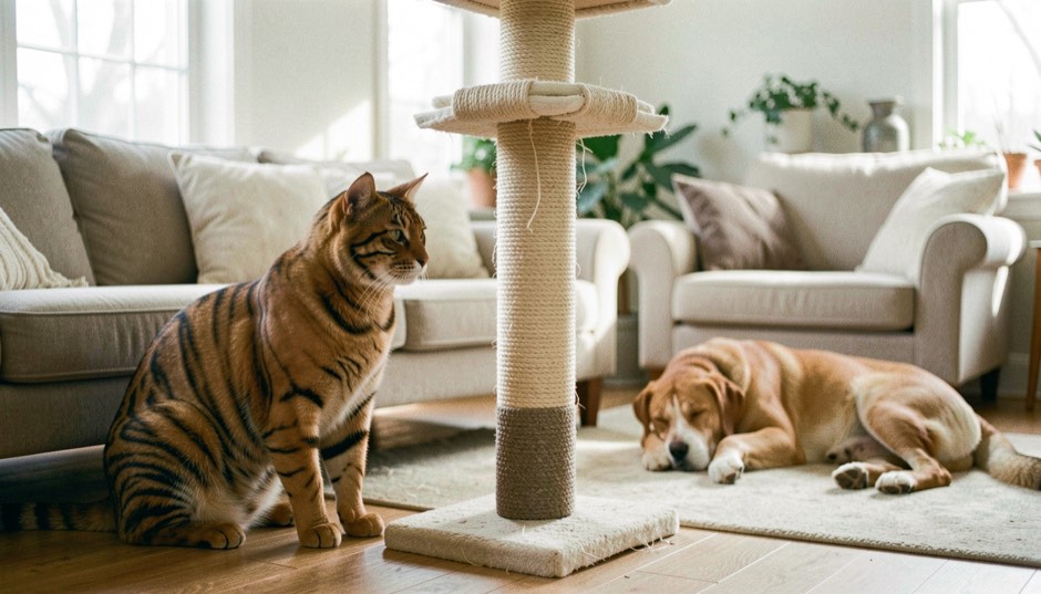 Un chat tigré observe un griffoir en sisal posé près d’un canapé, pendant qu’un chien repose à distance dans un salon lumineux.
