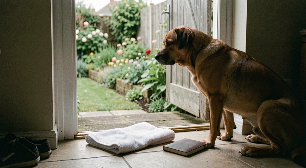 Un chien attend près d’une porte donnant sur un jardin, une serviette et un carnet sont posés à côté pour suivre la situation.