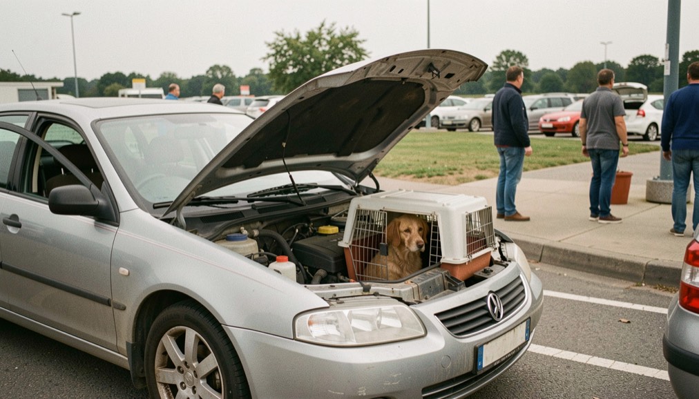 Le capot ouvert d’une voiture familiale garée sur une aire de repos, un chien patientant dans une caisse de transport visible par la portière.