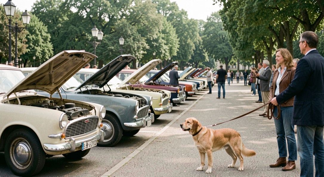Une rangée de voitures anciennes capots ouverts sur une esplanade arborée, des visiteurs tenant un chien en laisse au premier plan.