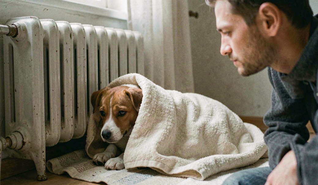 Un petit chien est enveloppé dans une couverture légère près d’un radiateur éteint, son humain observe calmement sa posture.