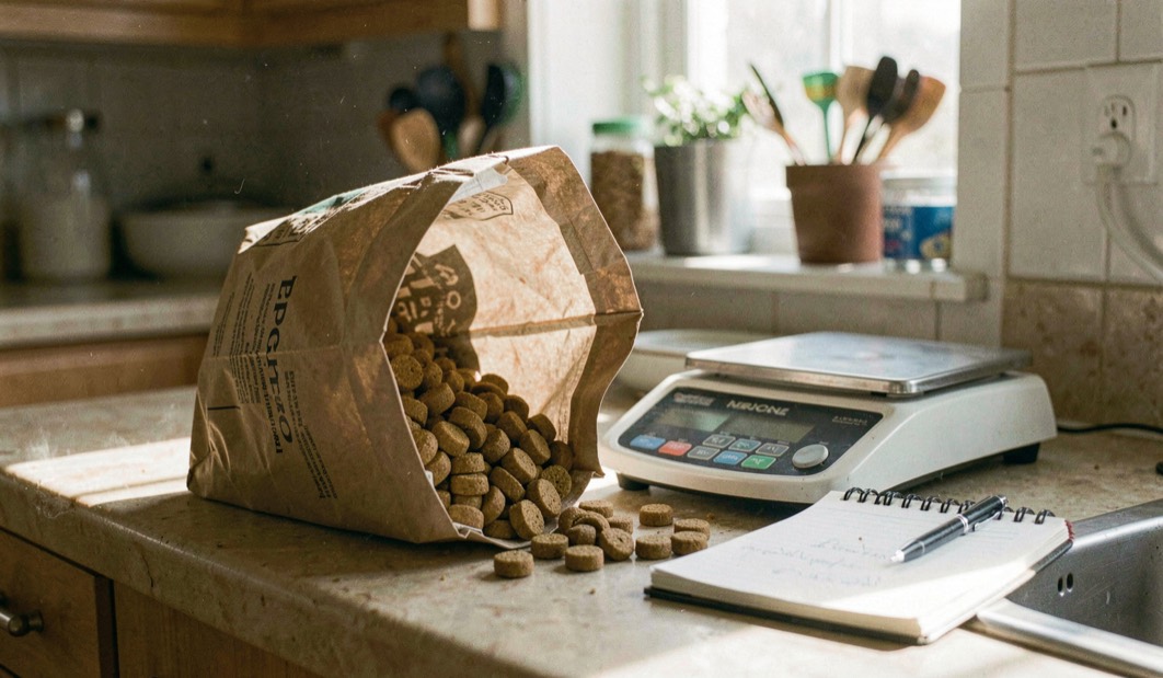 Un sac de croquettes sans marque visible est ouvert près d’une balance et d’un carnet, dans une cuisine éclairée par une lumière latérale.