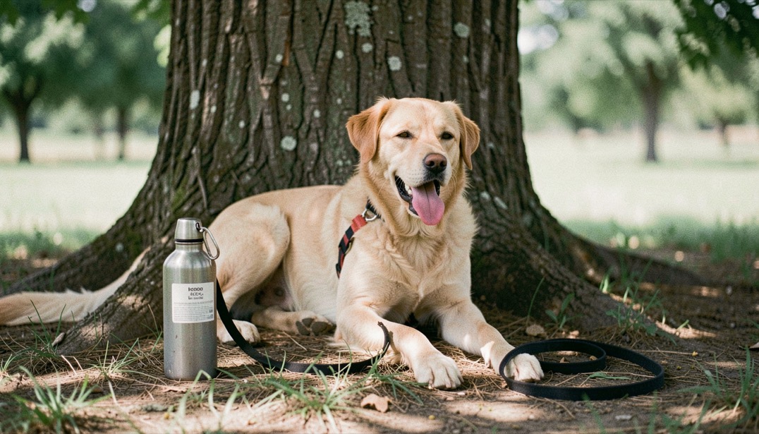 Un chien halète doucement à l’ombre d’un arbre après une promenade, une gourde et une laisse reposent sur le sol.