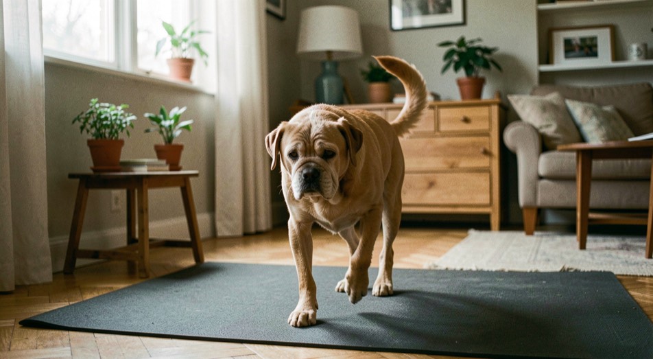 Un chien âgé avance lentement sur un tapis antidérapant, ses pattes arrière restent visibles dans une maison aménagée avec soin.