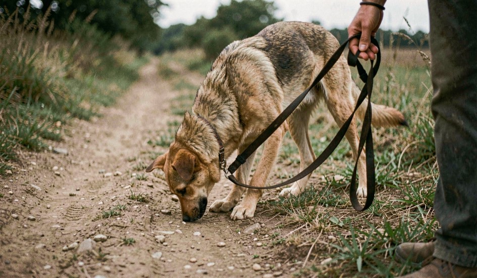 Un chien renifle longuement le bord d’un chemin de terre, sa laisse souple repose dans la main d’un humain hors du centre de l’image.