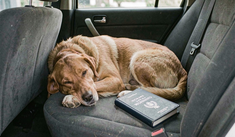 Un chien se repose dans une voiture garée à l’ombre après une visite, son carnet de santé fermé est posé sur le siège.