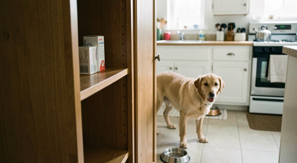 Une boîte de médicament reste fermée dans une armoire haute tandis qu’un chien attend près de sa gamelle dans une cuisine propre.