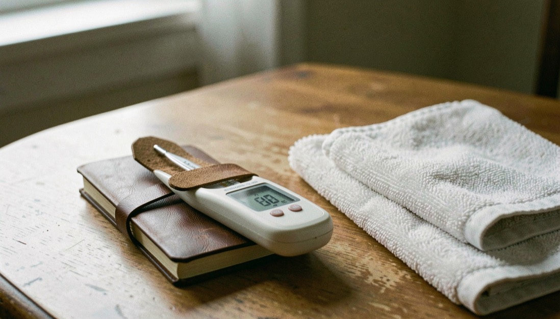 Un thermomètre numérique reste dans son étui sur une table, à côté d’un carnet et d’une serviette, sans scène de contrainte pour le chien.