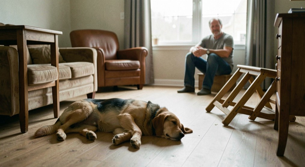 Un chien repose sur le sol dégagé d’une pièce après un épisode, les meubles proches sont écartés et l’humain reste assis à distance.