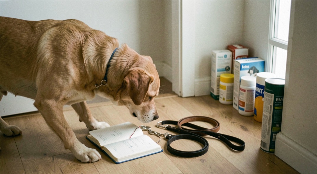 Un chien attend près d’un carnet de santé ouvert et d’une laisse, dans une entrée propre où les produits restent rangés hors de portée.