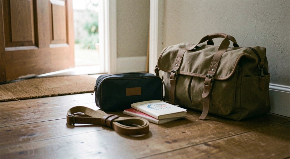 Une trousse de voyage, un carnet de santé et une laisse sont posés près d’un sac dans l’entrée, prêts pour un départ sans précipitation.