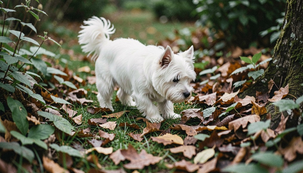 Un Westie blanc explore une bordure de jardin pleine de feuilles, son poil dense contraste avec les tons verts et bruns du sol.
