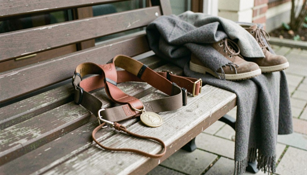 Un harnais, une laisse et une médaille reposent sur un banc d’entrée, près d’un manteau et d’une paire de chaussures de promenade.