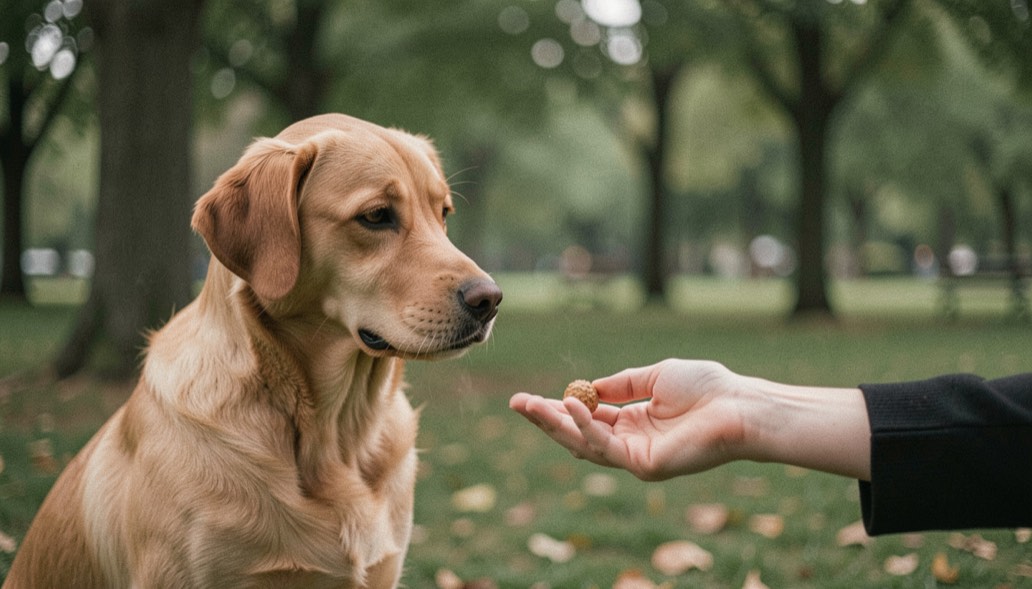 Un chien attentif regarde une main qui présente une petite récompense dans un parc arboré, au milieu d’une séance calme et sans contrainte.