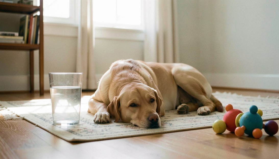 Un chien détendu repose dans une pièce lumineuse, de l’eau, un tapis et un jouet sont accessibles autour de lui.