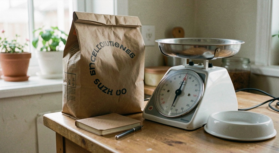 Un sac de croquettes sans logo est posé près d’une balance, d’un carnet et d’une gamelle vide sur une table de cuisine.