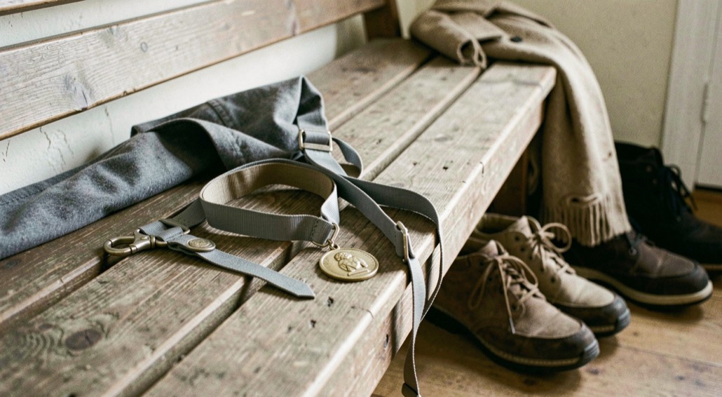 Un harnais, une laisse et une médaille reposent sur un banc d’entrée, près d’un manteau et d’une paire de chaussures de promenade.