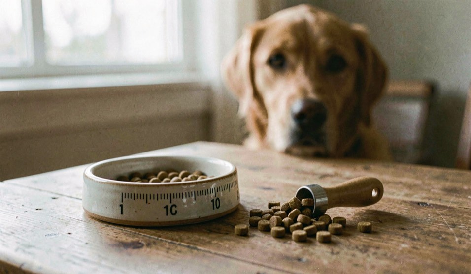 Une gamelle en céramique et une mesure de croquettes sont posées sur une table en bois, avec un chien flou dans la lumière du matin.