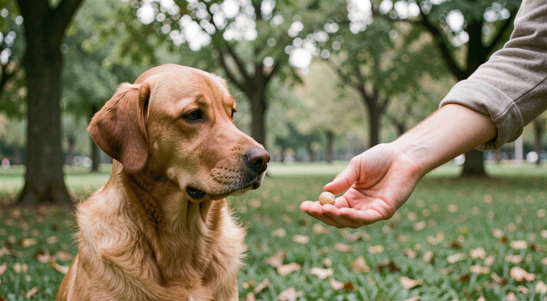 Un chien attentif regarde une main qui présente une petite récompense dans un parc arboré, au milieu d’une séance calme et sans contrainte.