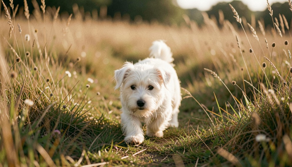 Un petit terrier blanc avance dans une prairie basse, son poil texturé éclairé par un soleil de fin d’après-midi et des herbes dorées.