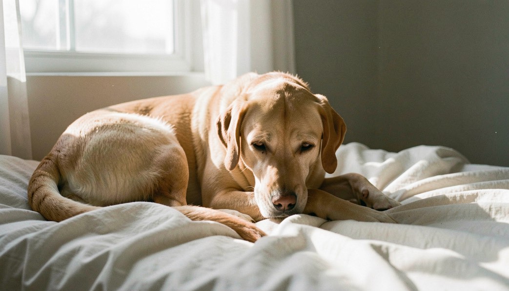 Un chien calme repose près d’une couverture claire, une lumière douce entre par une fenêtre et dessine une scène de soin quotidien.