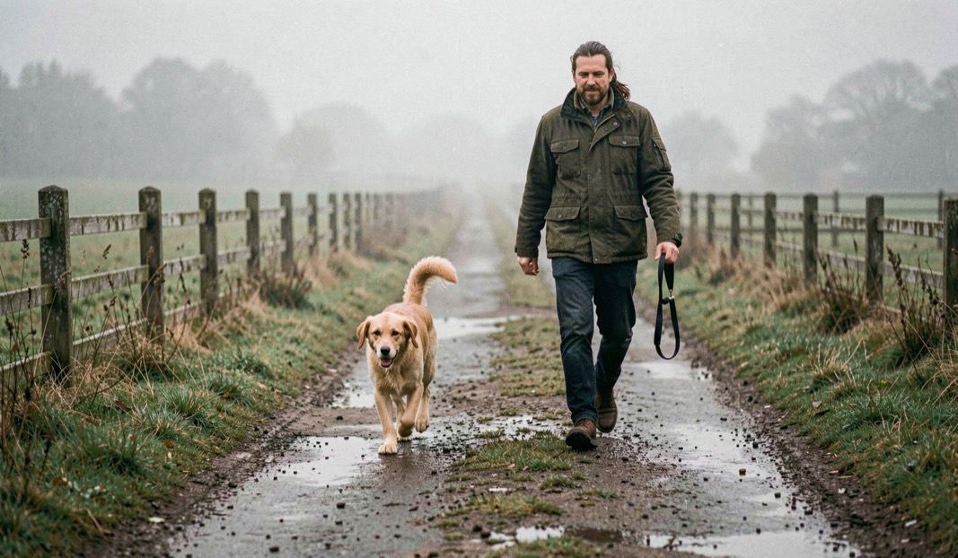 Un chien et son humain marchent côte à côte sur un chemin de campagne humide, avec une clôture de bois et une brume légère au loin.