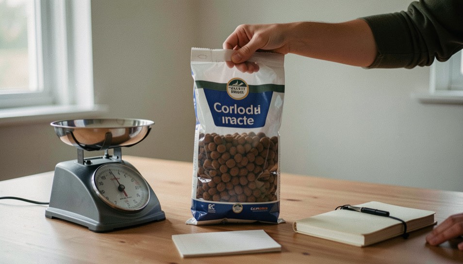Une main tient un sac de croquettes sans marque au-dessus d’une table, avec une balance et un carnet de notes à côté.
