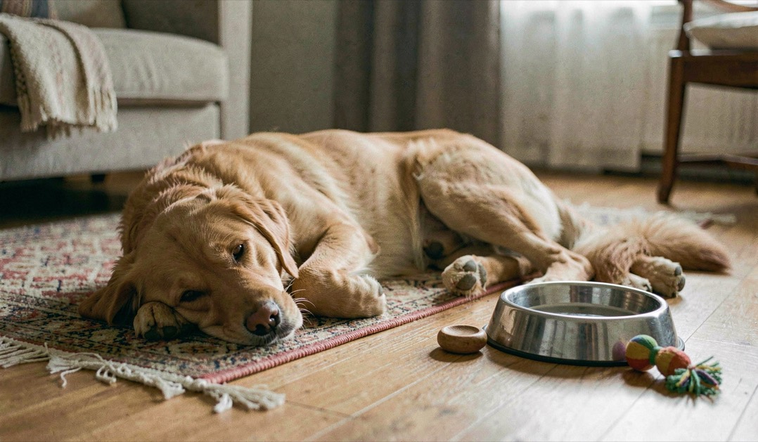 Un chien se repose près d’un tapis, d’une gamelle d’eau et d’un jouet, dans une maison calme où chaque besoin est accessible.