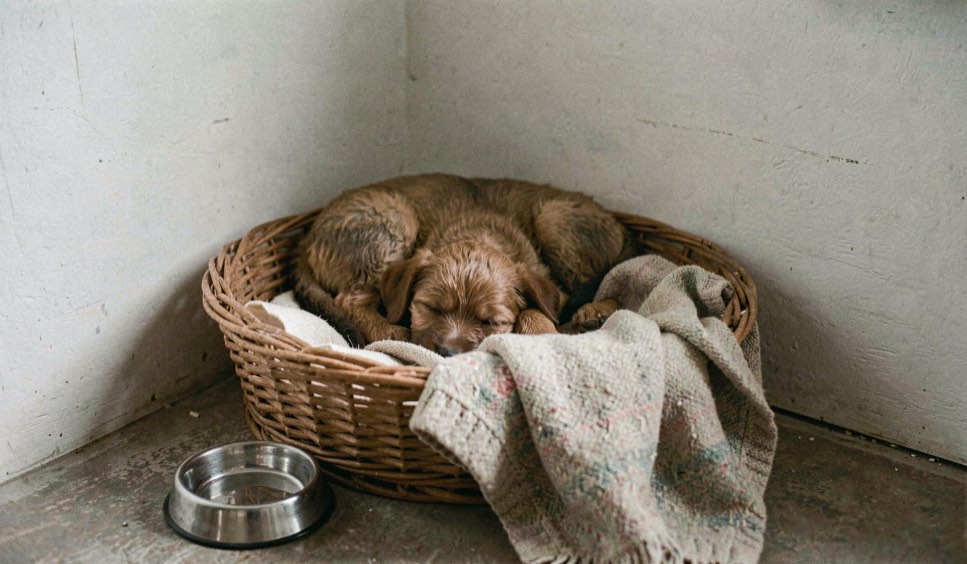 Un chiot dort dans un panier installé dans un angle calme, une gamelle d’eau et une couverture familière restent à portée sans encombrer le passage.