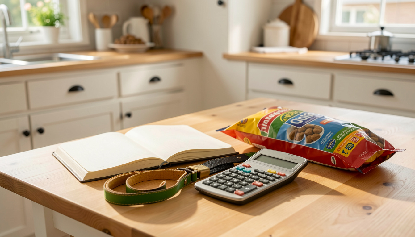Un carnet ouvert et une calculatrice posés près d'une laisse neuve et de croquettes, sur une table de cuisine claire.