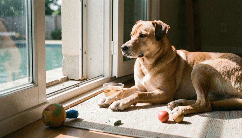 Un chien détendu observe son environnement depuis un tapis près d’une fenêtre ouverte, avec de l’eau, de l’ombre et un jouet accessibles.