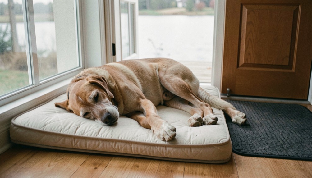Un chien senior repose sur un matelas bas près d’une fenêtre, un tapis antidérapant relie son couchage à l’eau et à la porte.