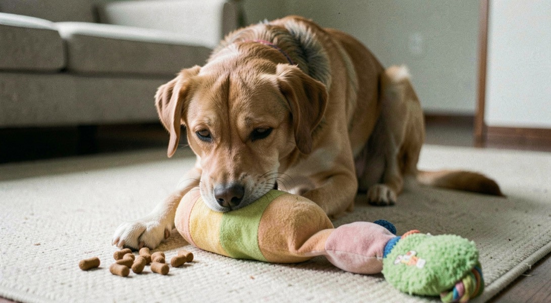 Un chien utilise un jouet d’occupation souple sur un tapis, quelques croquettes sont visibles et l’espace autour reste dégagé.