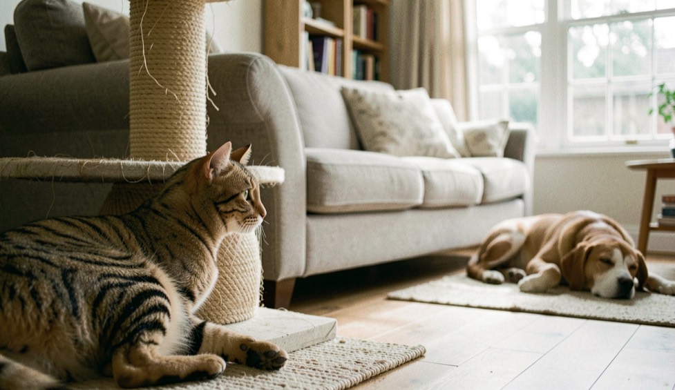 Un chat tigré observe un griffoir en sisal posé près d’un canapé, pendant qu’un chien repose à distance dans un salon lumineux.