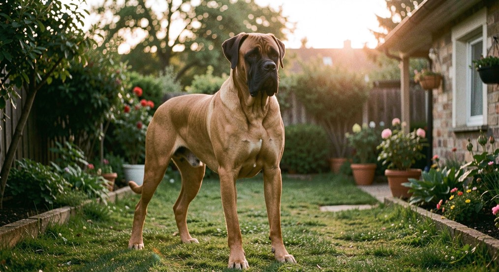 Un Dogue allemand fauve au masque noir se tient debout dans un jardin familial, sa silhouette noble éclairée par un soleil rasant.