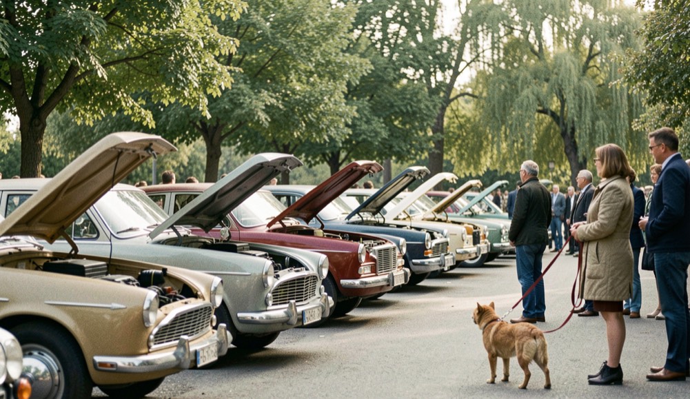 Une rangée de voitures anciennes capots ouverts sur une esplanade arborée, des visiteurs tenant un chien en laisse au premier plan.