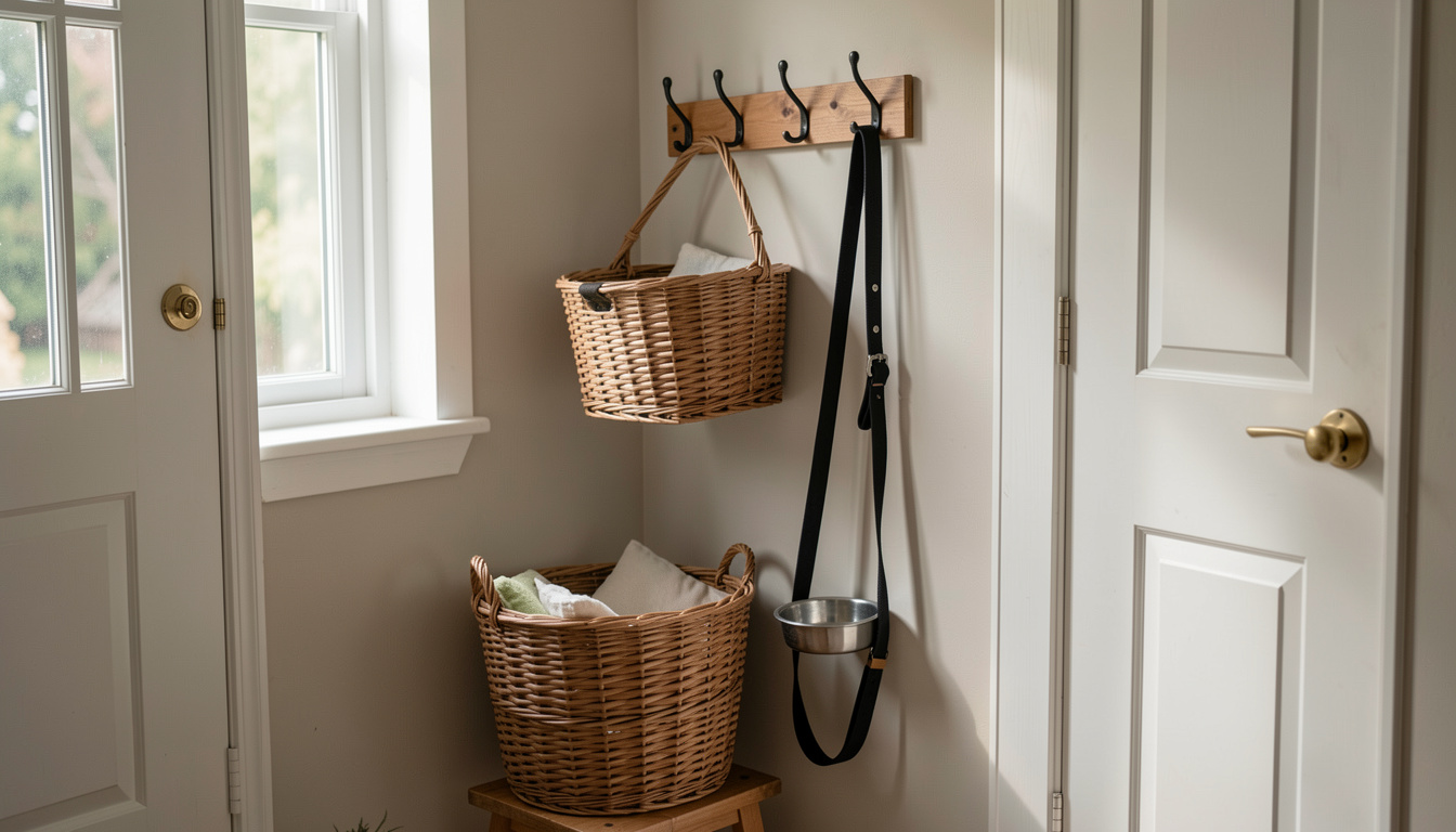 Une entrée de maison préparée avec un panier, une gamelle d'eau et une laisse accrochée, dans une lumière calme du matin.
