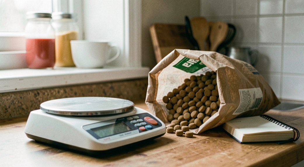 Un sac de croquettes sans marque visible est ouvert près d’une balance et d’un carnet, dans une cuisine éclairée par une lumière latérale.