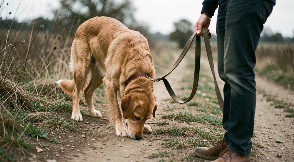 Un chien renifle longuement le bord d’un chemin de terre, sa laisse souple repose dans la main d’un humain hors du centre de l’image.
