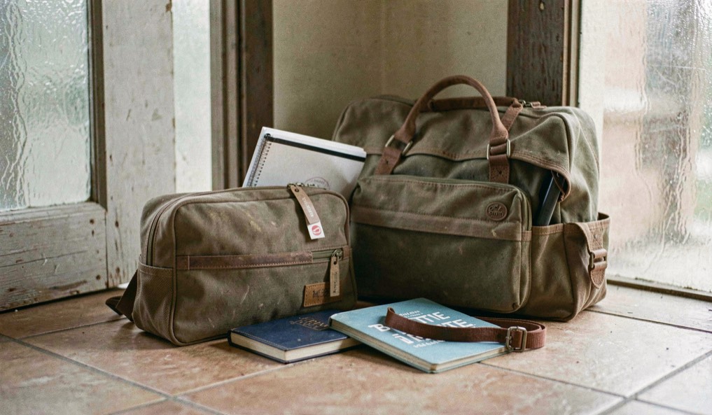 Une trousse de voyage, un carnet de santé et une laisse sont posés près d’un sac dans l’entrée, prêts pour un départ sans précipitation.