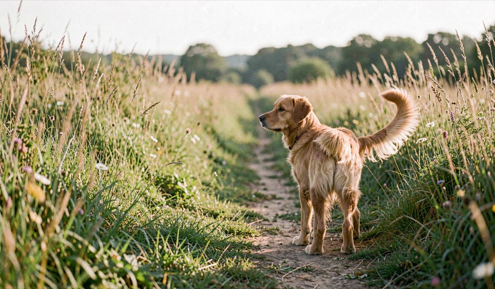 Un chien de famille regarde un chemin bordé d’herbes hautes, la lumière du matin crée une zone calme au-dessus de la campagne.
