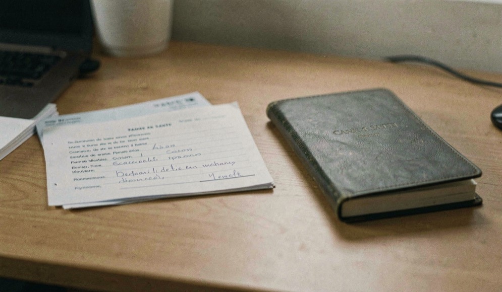 Des fiches de notes et un carnet de santé fermé sont alignés sur un bureau, avec une lumière latérale et aucun nom visible.