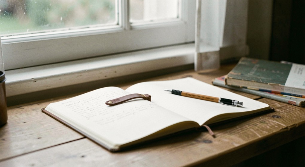 Un carnet ouvert sur une table accueille une laisse et un crayon, près d’une fenêtre qui éclaire une scène d’écriture.