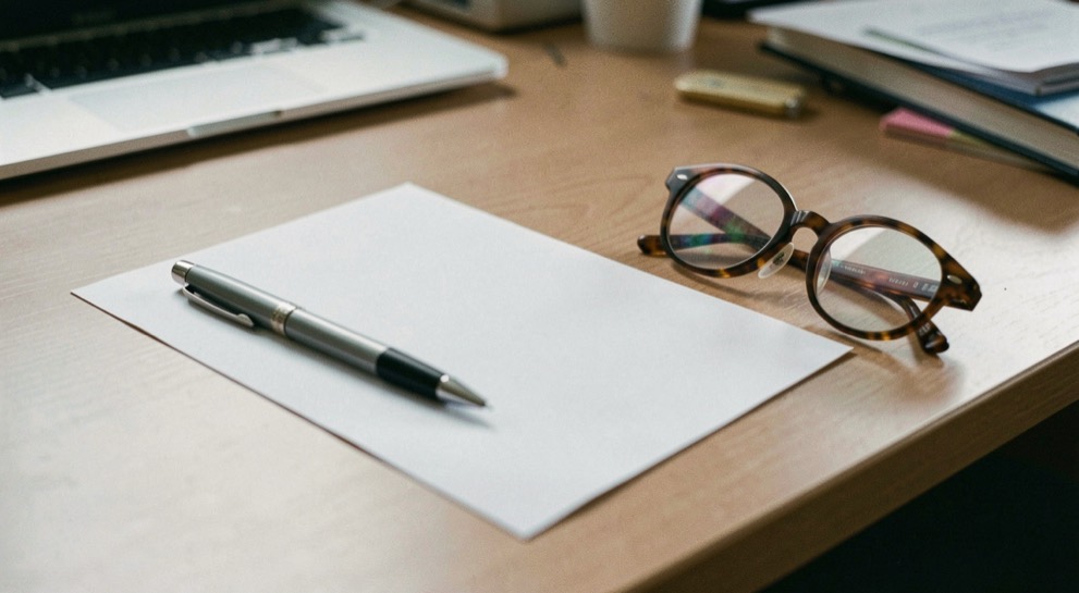 Une feuille blanche, un stylo et une paire de lunettes sont posés sur un bureau, dans une lumière calme et sans donnée personnelle.